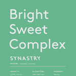 Synastry coffee blend with bright, sweet, and complex flavors from washed Castillo and Ethiopian heirloom beans.