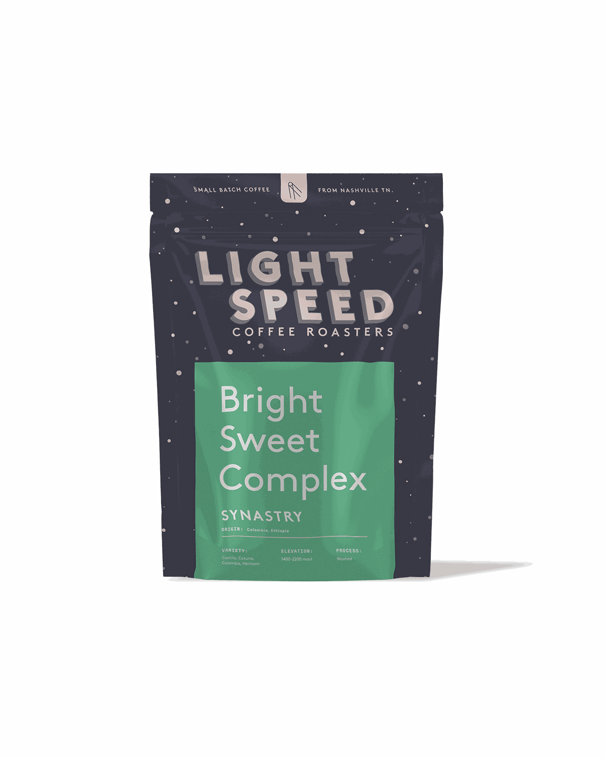 Light Speed Coffee Roasters Synastry blend with bright, sweet, and complex notes in resealable packaging